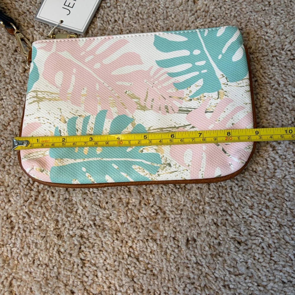 Jen & Co. Vegan Tropical Leaf Pink and Aqua Wristlet
